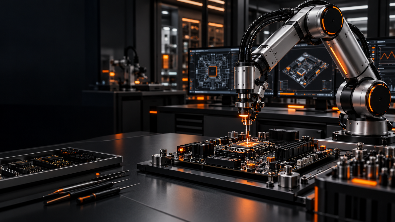 Concept illustration of a robotic arm and electronics research workbench